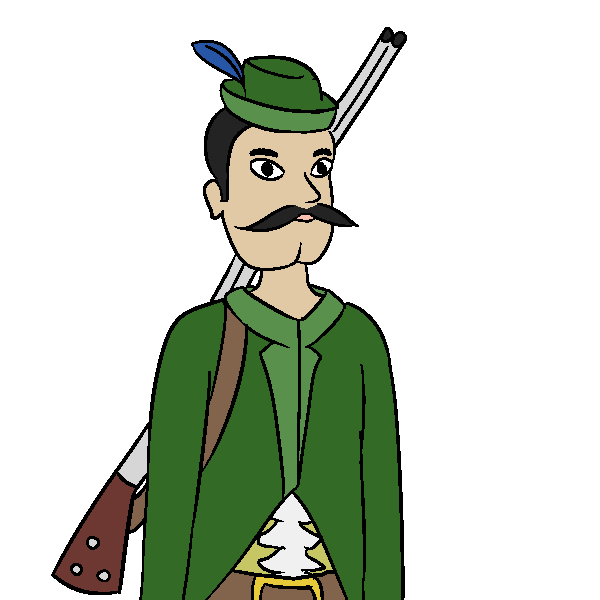 Tall man with short dark hair and long moustaches, wearing a green
		          vest and a green hat with a blue feather in it. He is also
		          carrying a long gun.